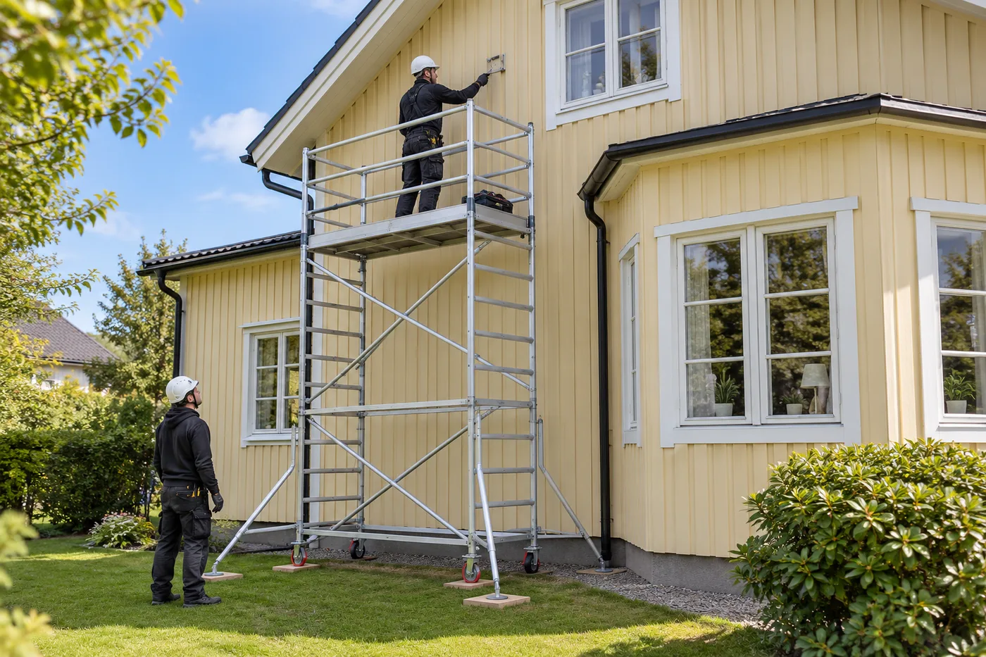 Tekniker arbetar vid en hög placering från en ställning med skyddsräcken.